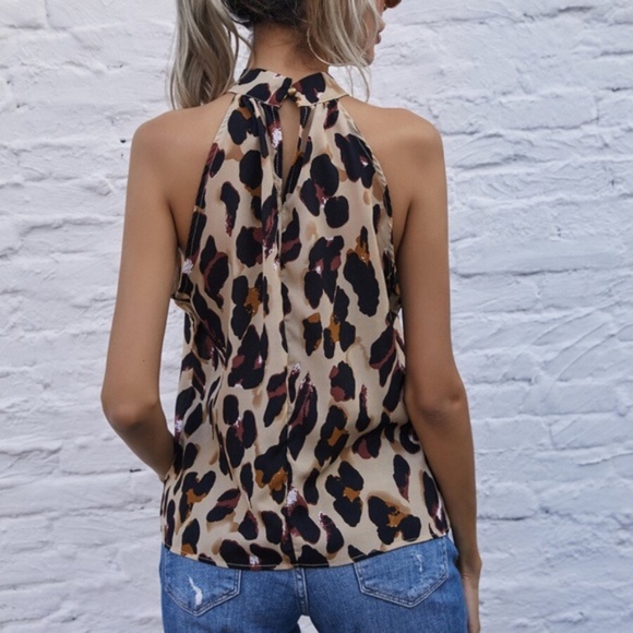 Boho Camel Tan leopard Print Halter Sleeveless Top - Picture 2 of 4